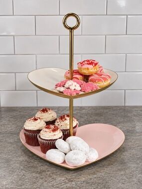 Thirstystone Two-Tier Heart Serving Stand Pink & White Gold Accent NIB